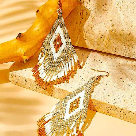 Handmade Beaded Boho Dangle Earrings Tribal Native Gold White - Picture 3 of 5